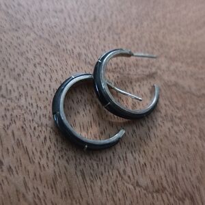 Vintage Sterling Silver & Onyx Black Half Hoop Post Earrings Southwestern Boho